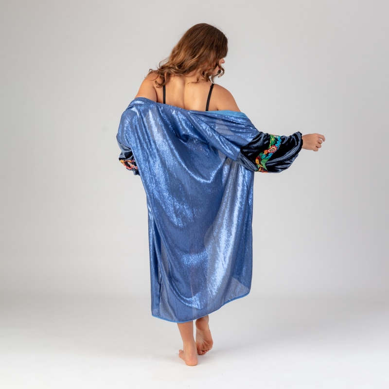 Thumbnail of Venus - Ocean Blue Sequin Robe With Velvet Sleeves and Bohemian Braid image