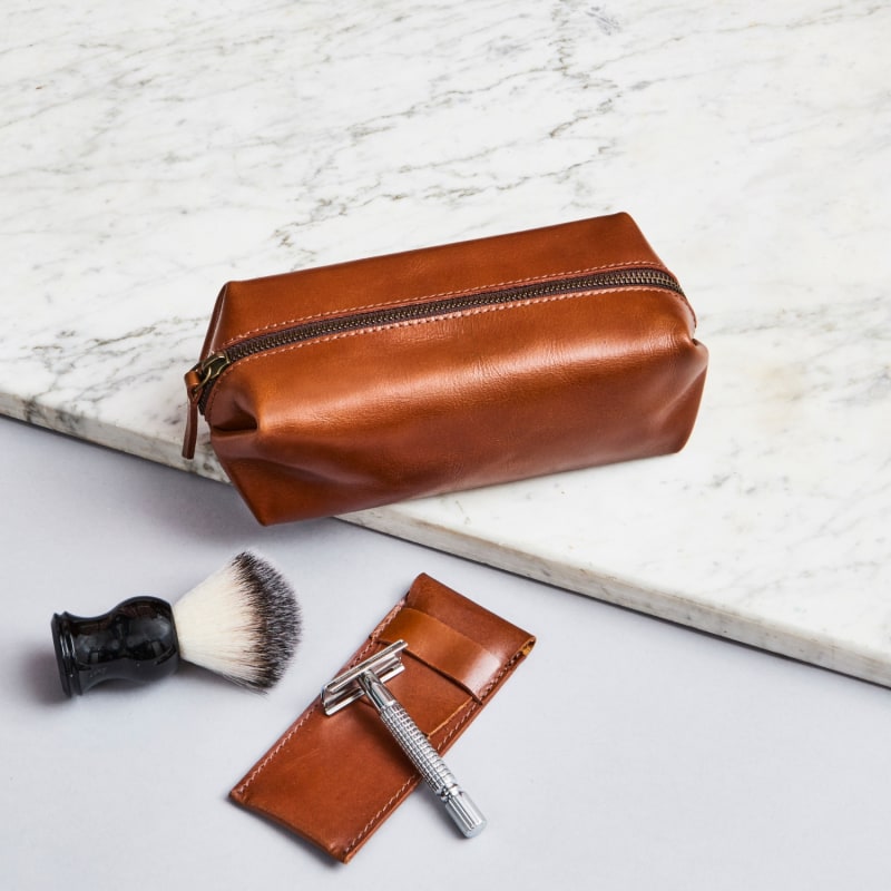 Thumbnail of Classic Tan Leather Shaving Bag With Razor Cover image