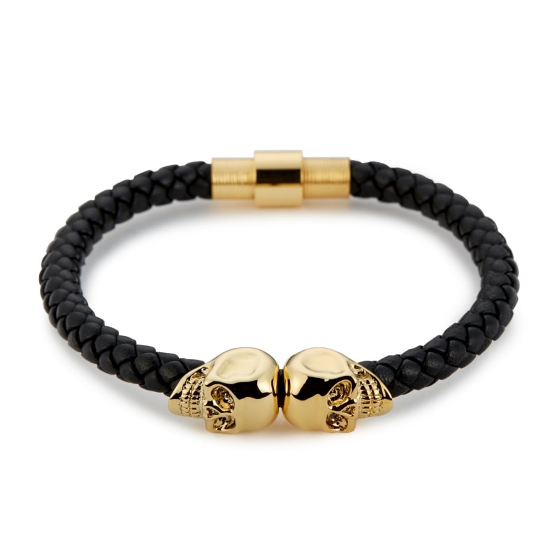 Thumbnail of Black Nappa Leather / Gold Twin Skull Bracelet image