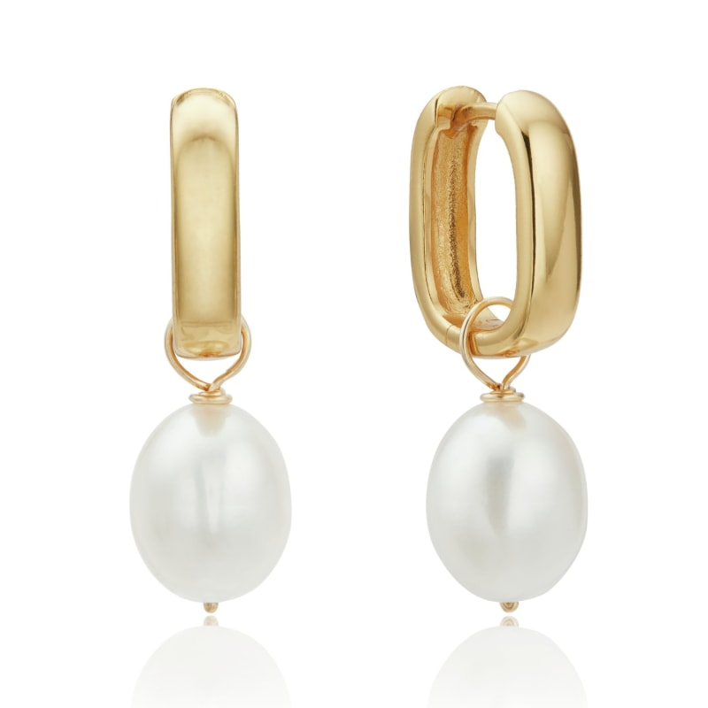 Thumbnail of Gold Thick Squared Hoop Pearl Drop Earrings image