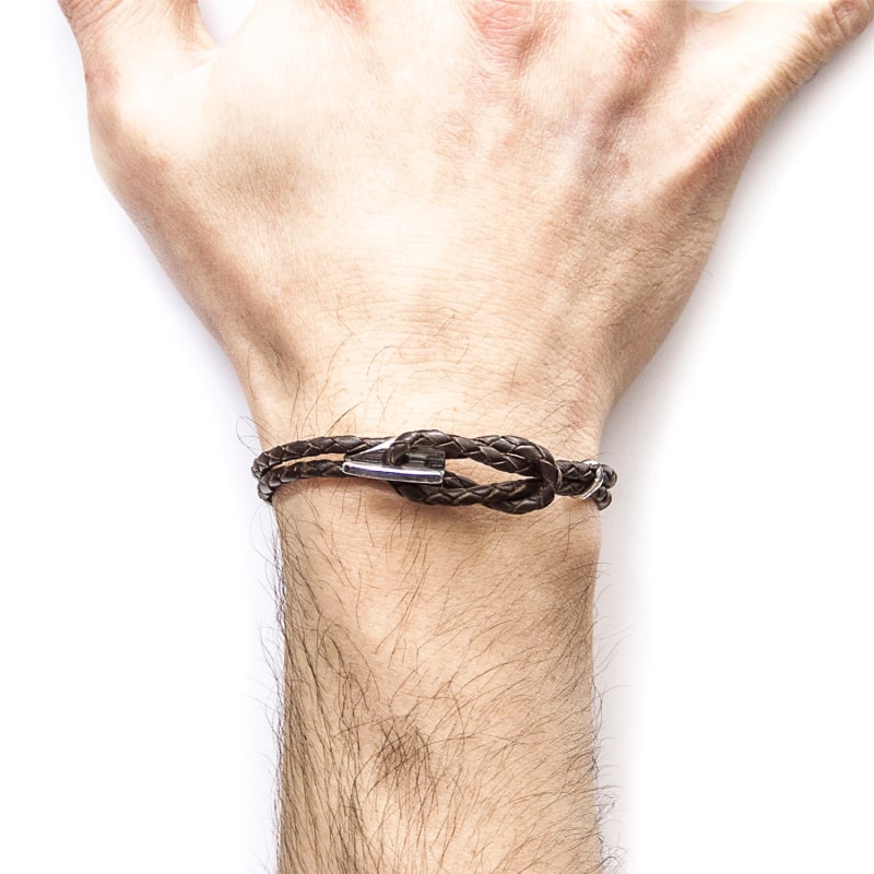 Thumbnail of Dark Brown Padstow Silver & Braided Leather Bracelet image