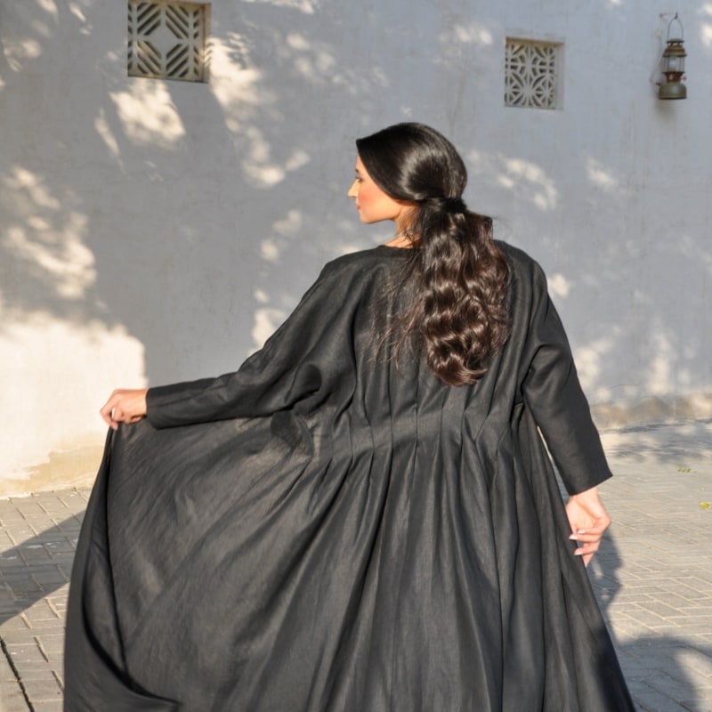 Thumbnail of Pure Linen Abaya With Jumbo Stitches On Back In Jet Black Color image