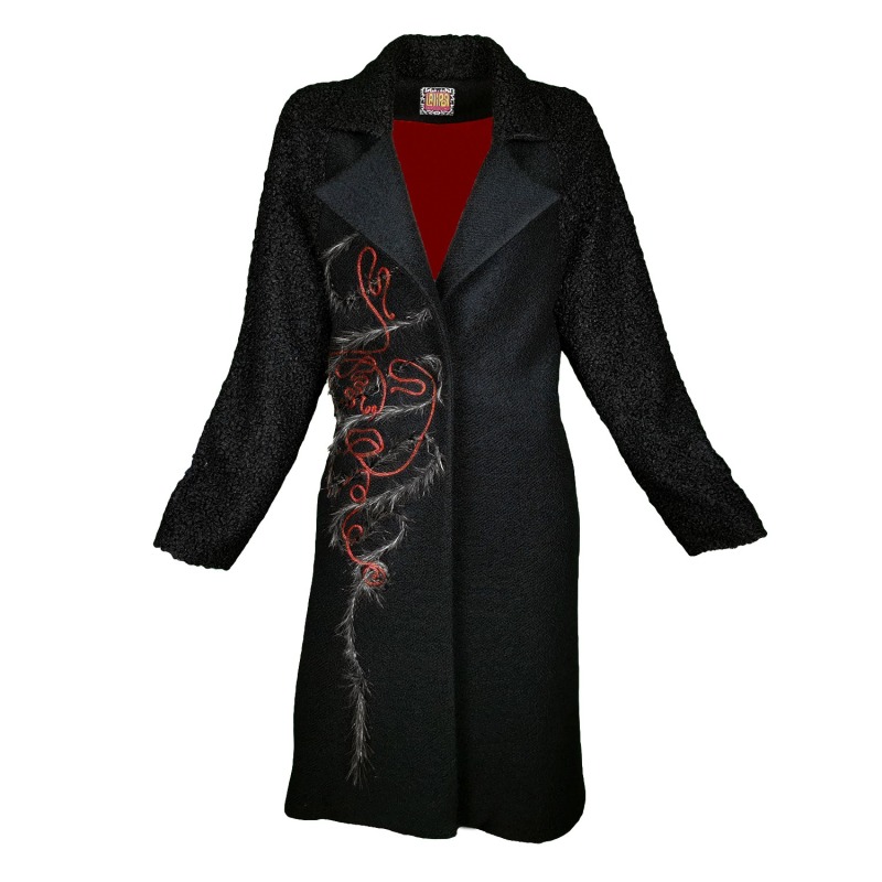 Thumbnail of Black Felt Coat With Embroidery Details & Raglan Sleeves image