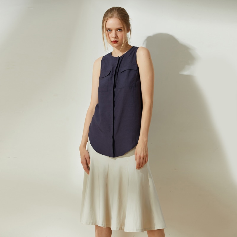 Thumbnail of Malv Ecovero Sleeveless Linen Summer Top With Slit Back In Navy image