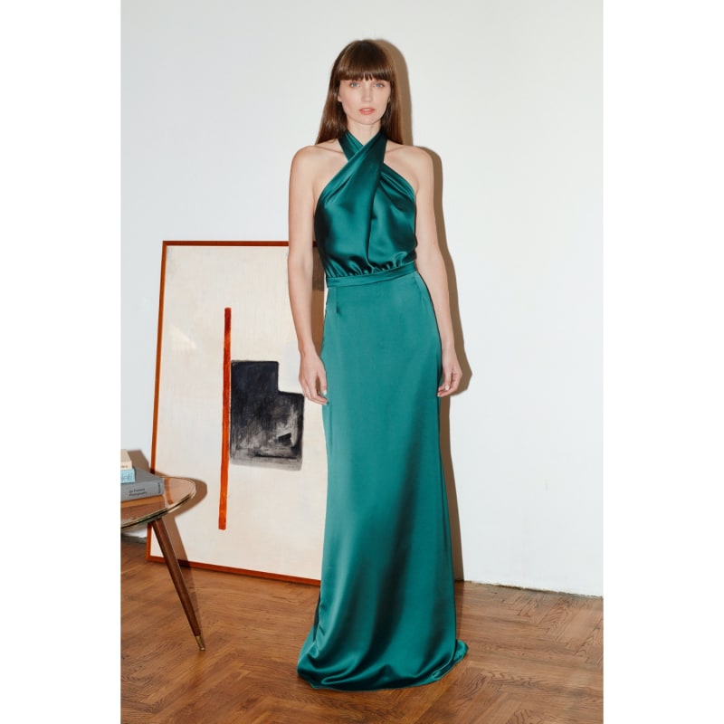 Thumbnail of Aliur Green Satin Halter Neck Long Evening Dress image