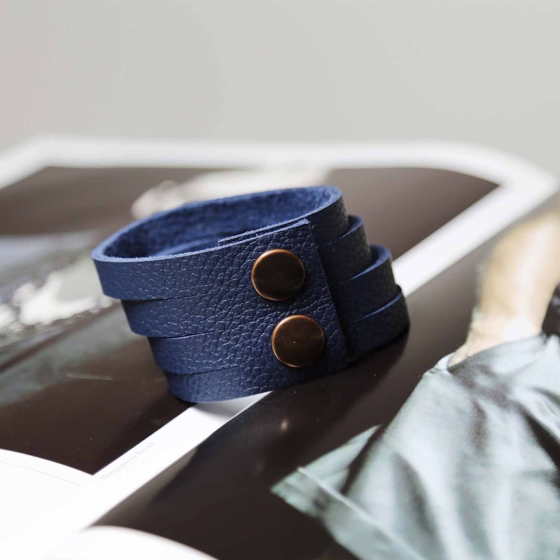 Thumbnail of Mens Wide Blue Leather Multiple Slit Cuff Bracelet image