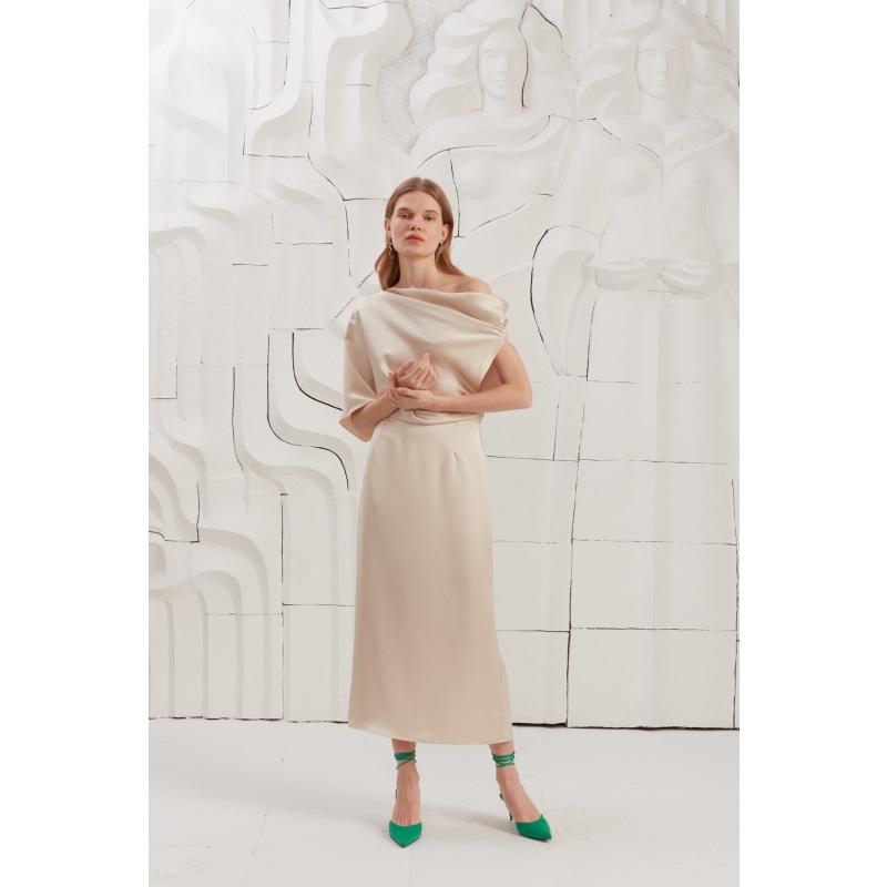 Thumbnail of Ilene Beige Satin Asymmetric Open Shoulder Midi Dress image