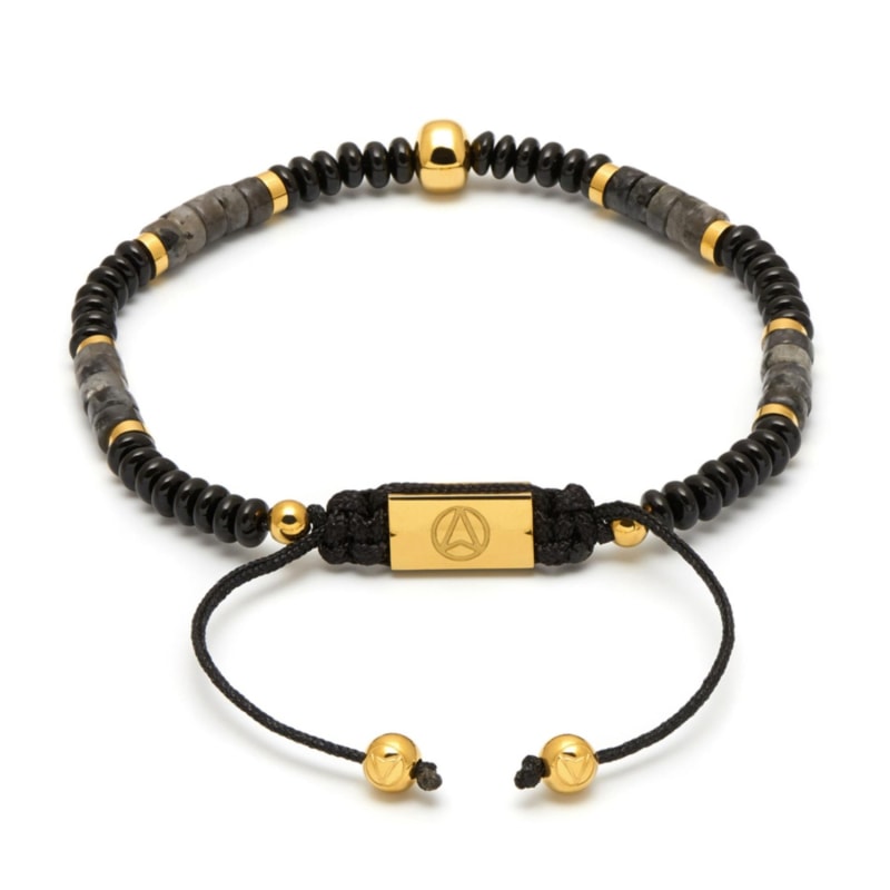 Thumbnail of Black Onyx / Gold Sheen Obsidian & Gold Atticus Skull Macramé Bracelet image