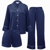 Women 3-Piece Classic Silk Pajamas Set - Navy image