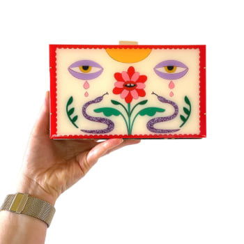 Luxury ivory velvet clutch bag hand embroidered with red flowers