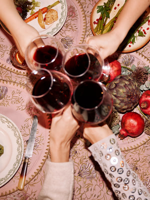 Group of women clinking red wine glasses together