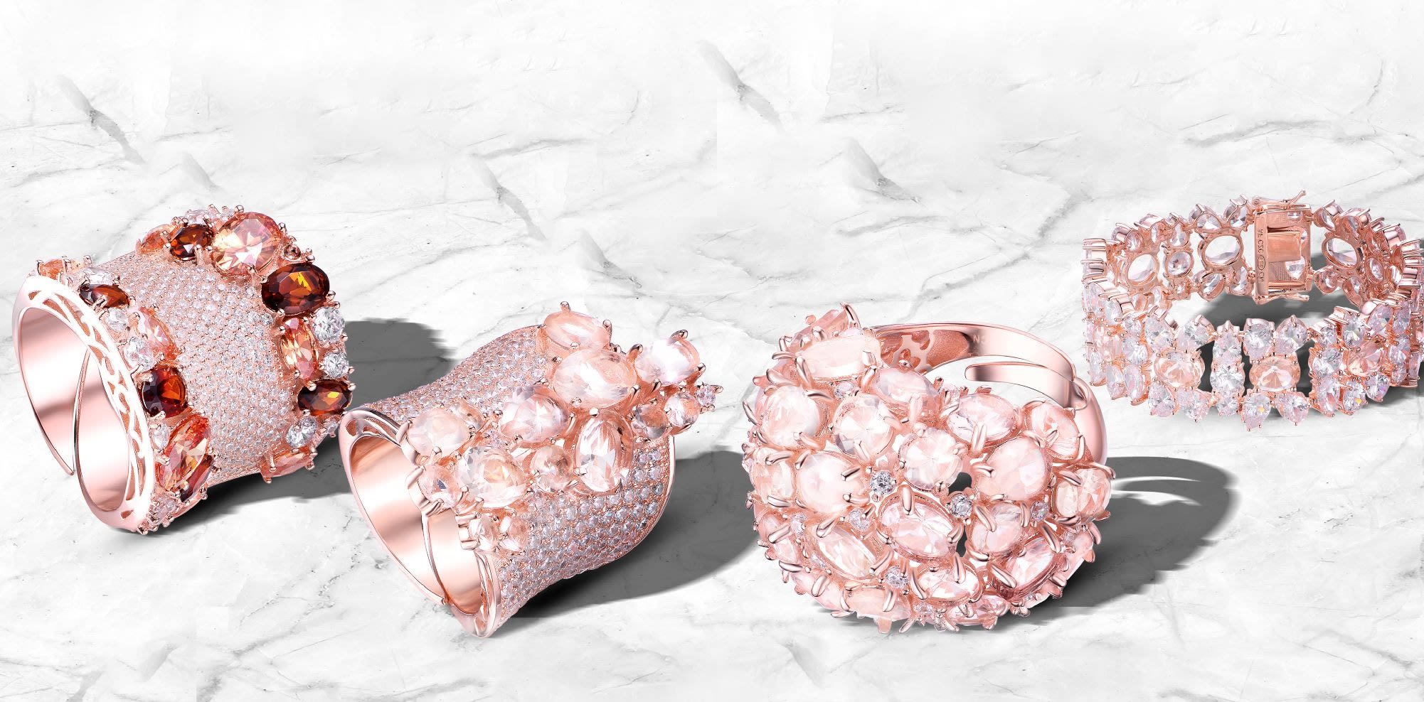 Pink Daisy Flower Trio Ring, Rose gold plated