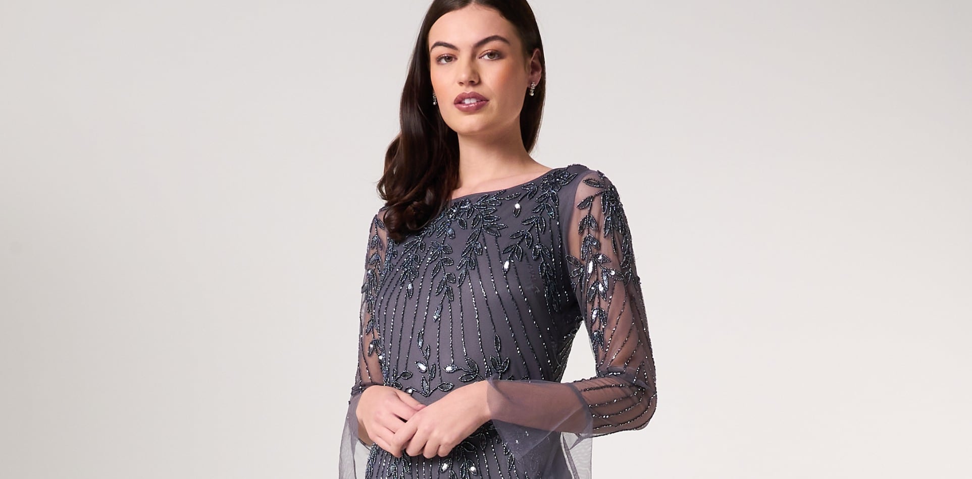 Jora Charcoal Embellished Maxi Dress | Frock and Frill | Wolf \u0026 Badger, image size:1925x950