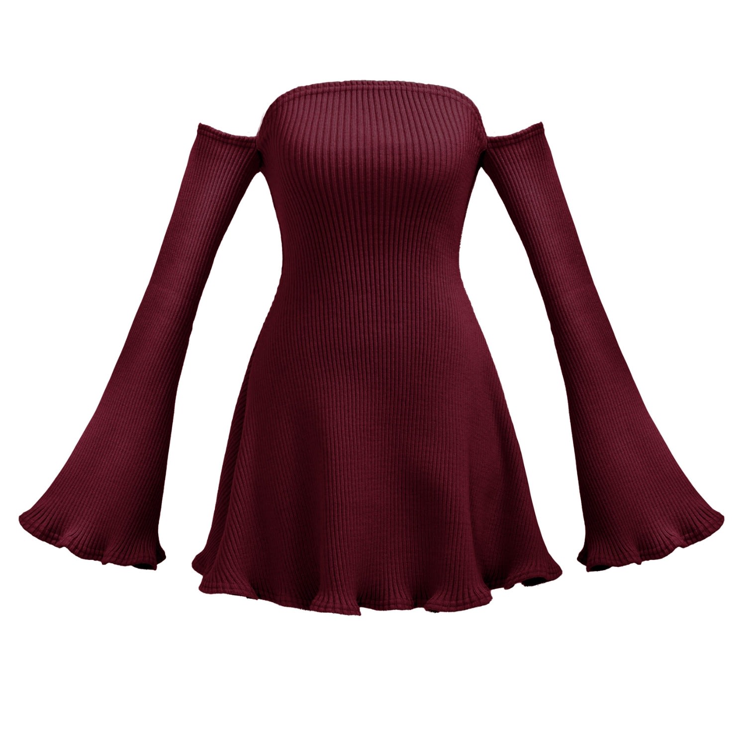 Shoulder Maroon Jumper Dress Burgundy Off-Shoulder Rib Knit Jumper - Main Image