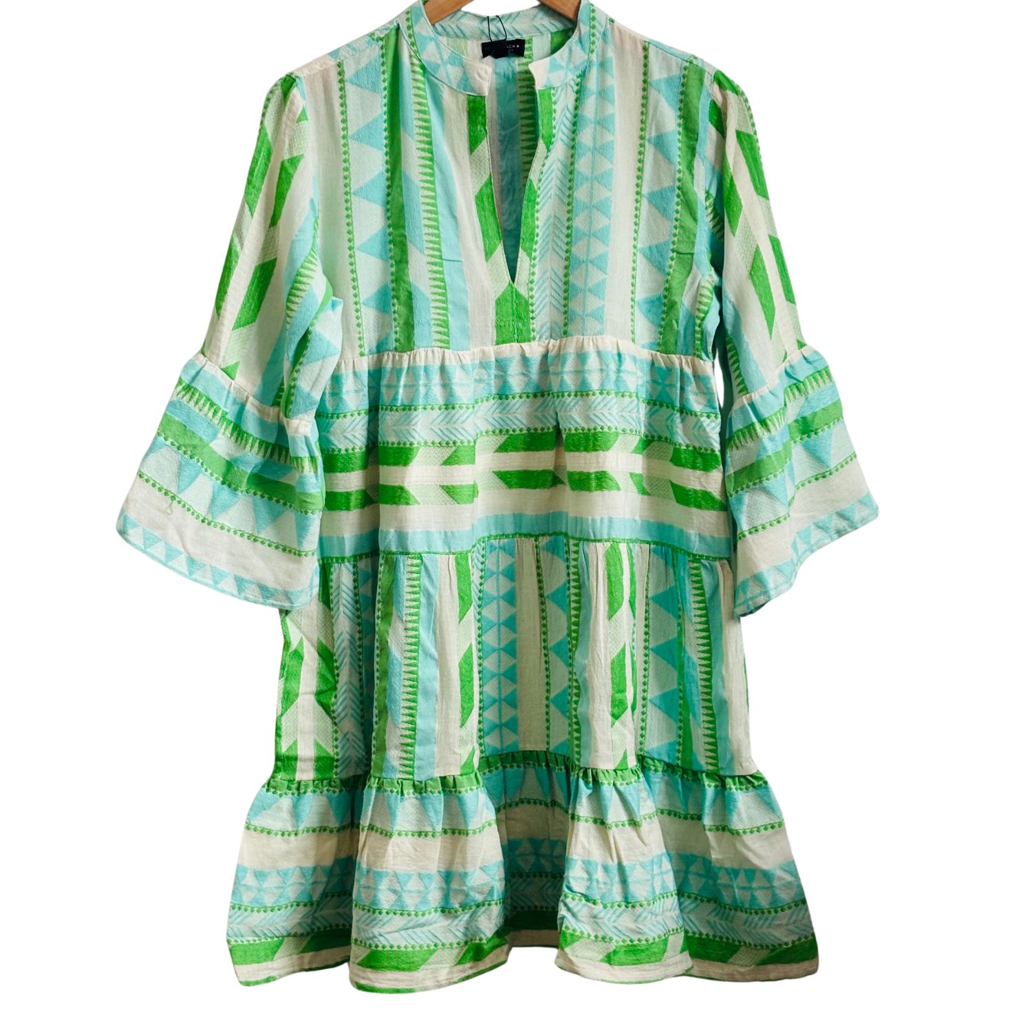 Cove Aztec Jacquard Cotton V-neck Dress - Green