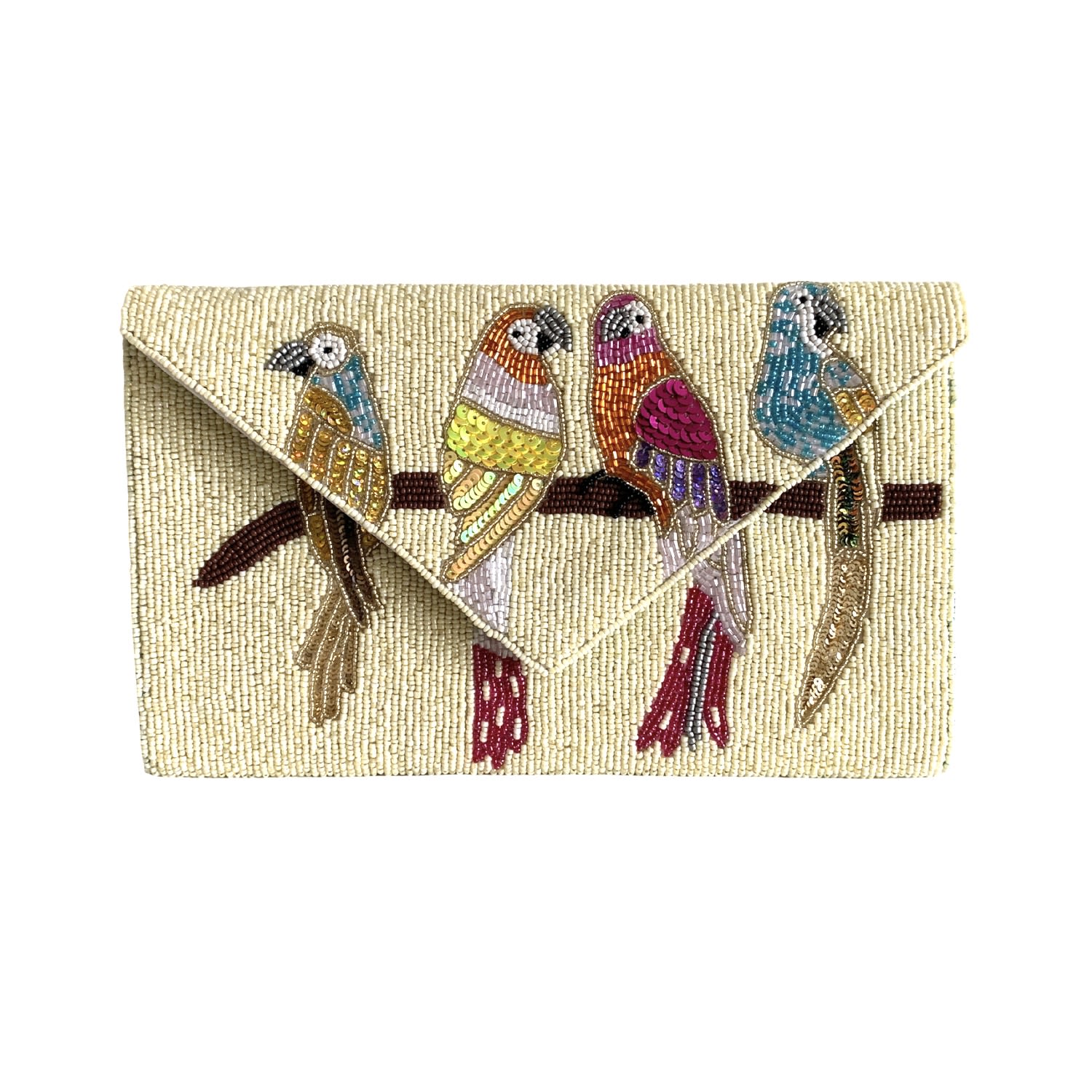 Hand Beaded Clutch Bag Happy Parrots Ivory Beautiful Birds Pick Happy Wolf Badger