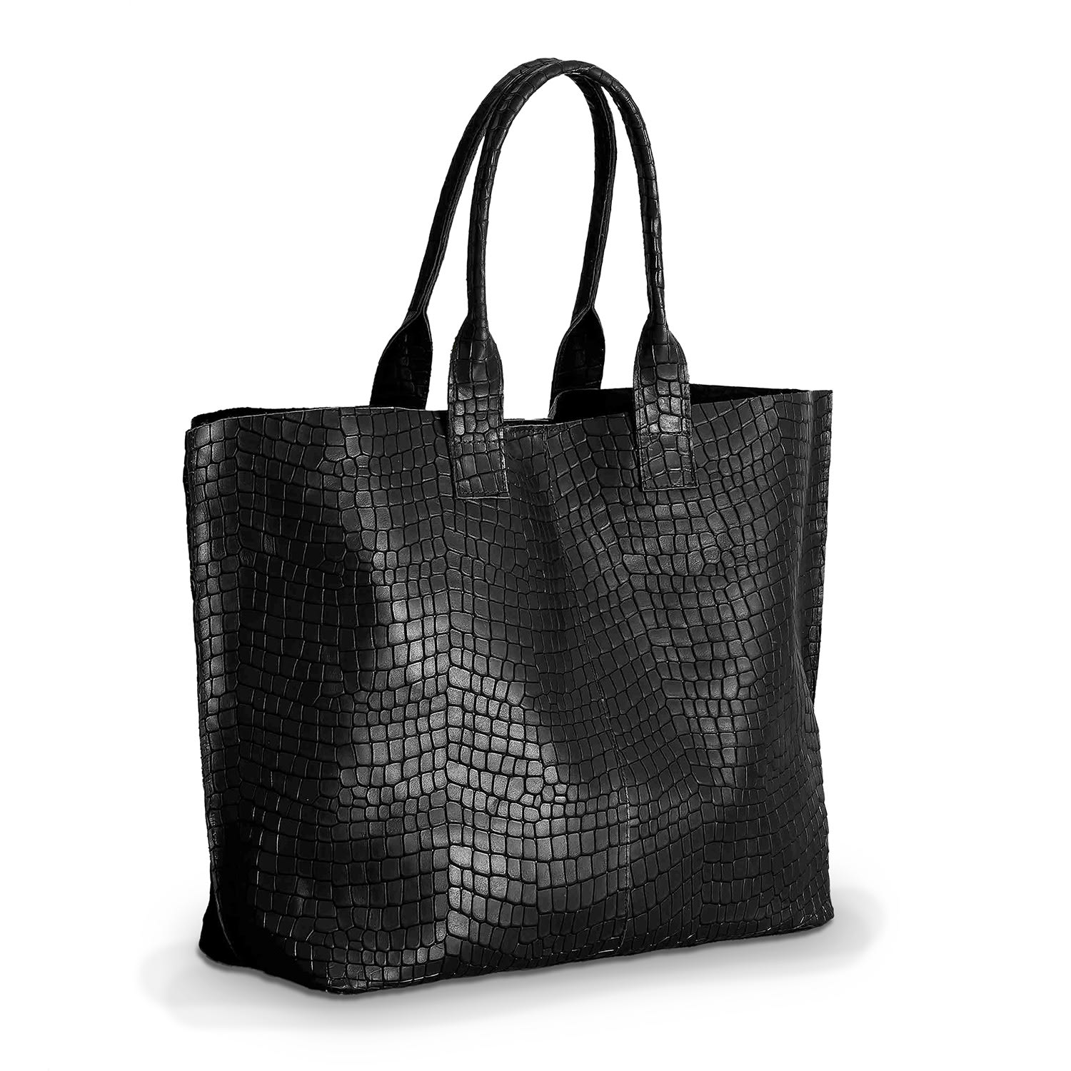 Juan Jo Black Leather Shopper with Crocodile Embossing Maxi