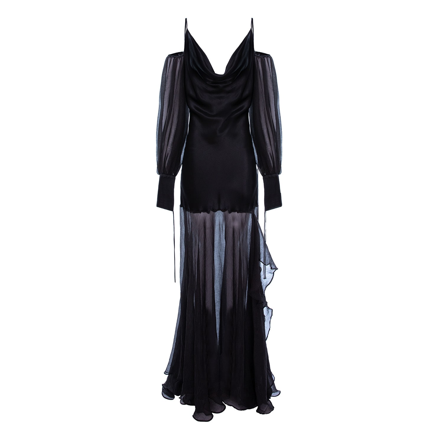 Black Long Dress On Bie With Straps, Puffy Sleeves With Veil At The End |  concept A trois | Wolf & Badger