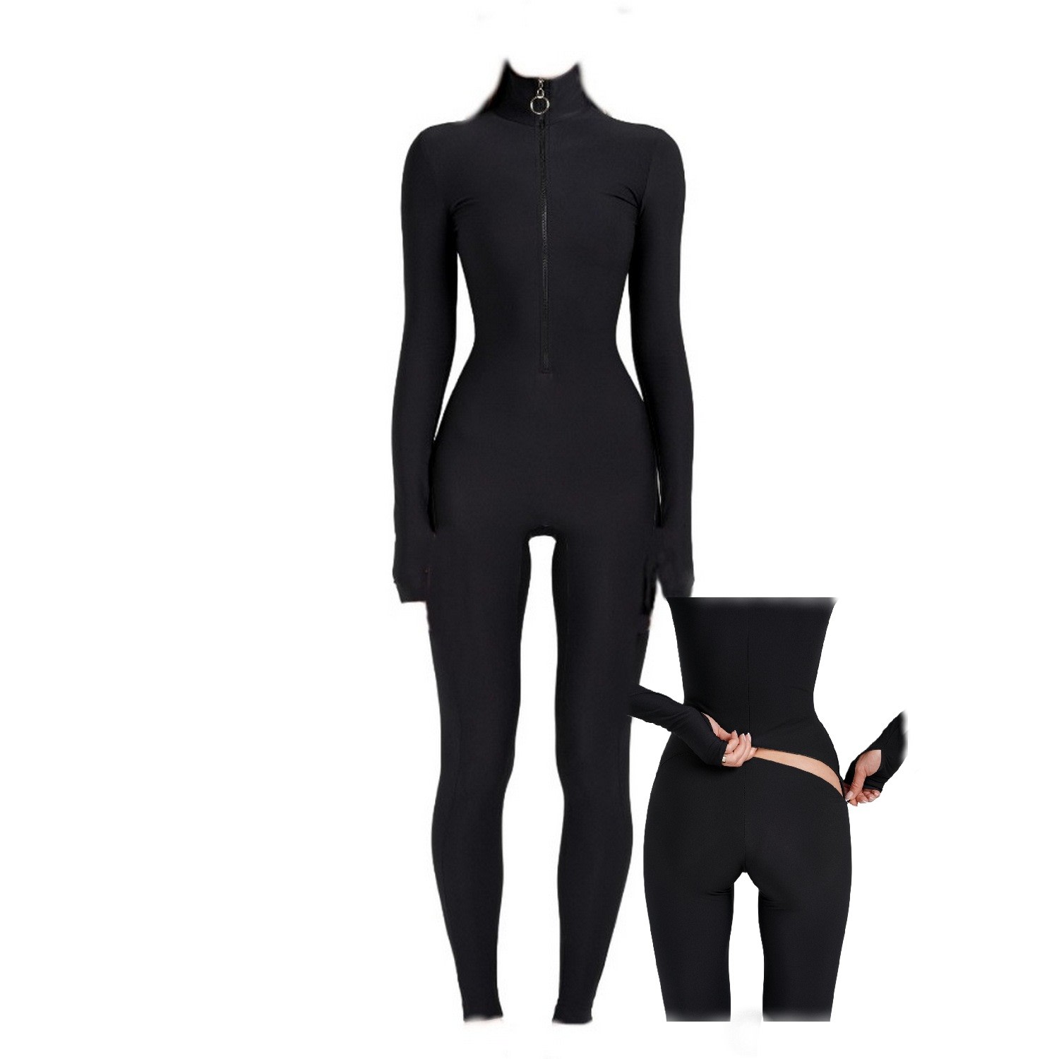 Black Long Sleeve Turtleneck Zip Up Full Bodysuit Total Zipper