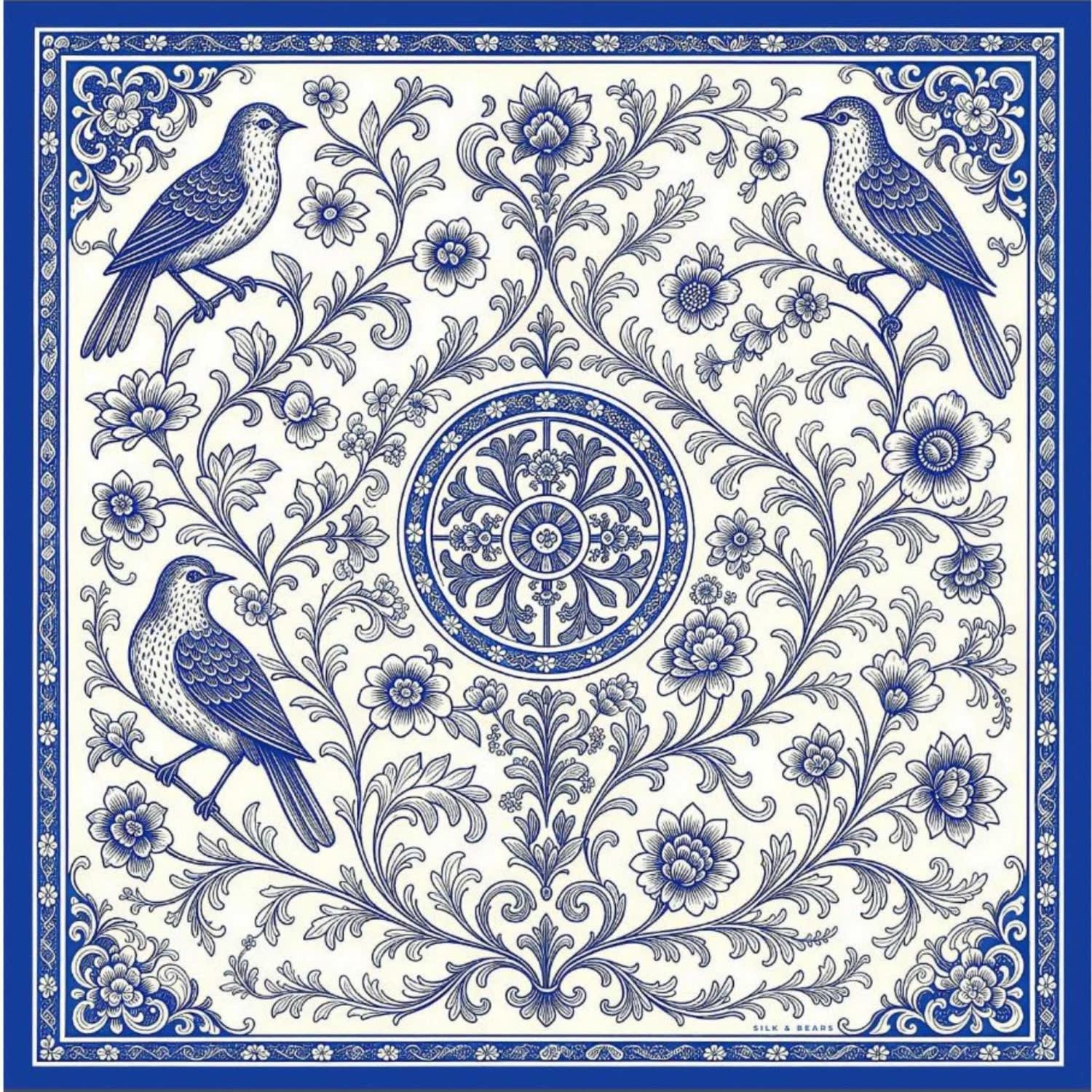 Blue Chinoiserie Birds Silk Twill Scarf – Printed Mulberry Silk