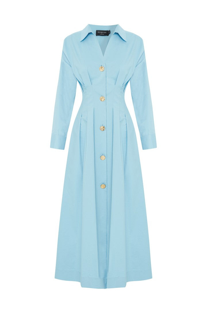 Exquise Buttoned Cotton Alba Midi Shirt Dress - Blue