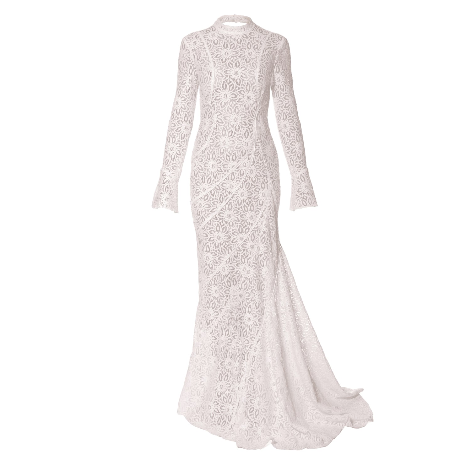 long dress white lace V Neck Wedding Dress, Bridal Gown MW237 100% Nylon Long Sleeve Lace Draped Maxi