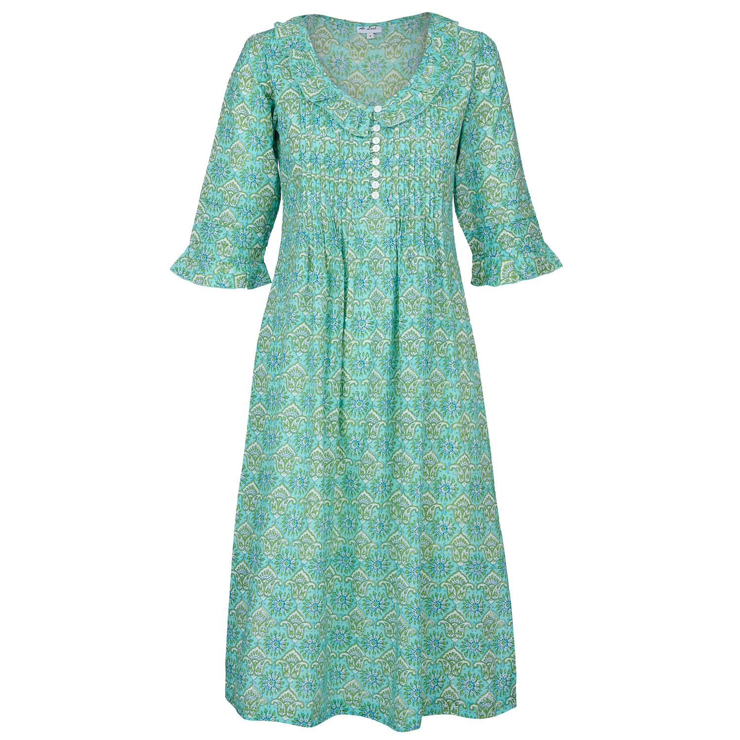 At Last... Cotton 3/4 Sleeve Day Dress - Blue/green