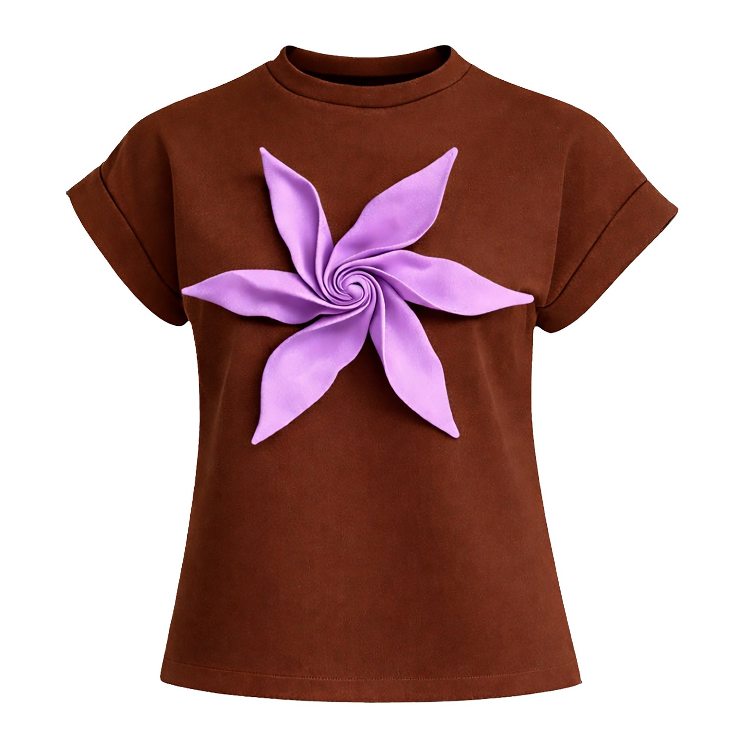 Crew-Neck Jersey T-Shirt With Flower - Brown | Julia Allert | Wolf Flower Neck Ribbon T-Shirt (Brown)