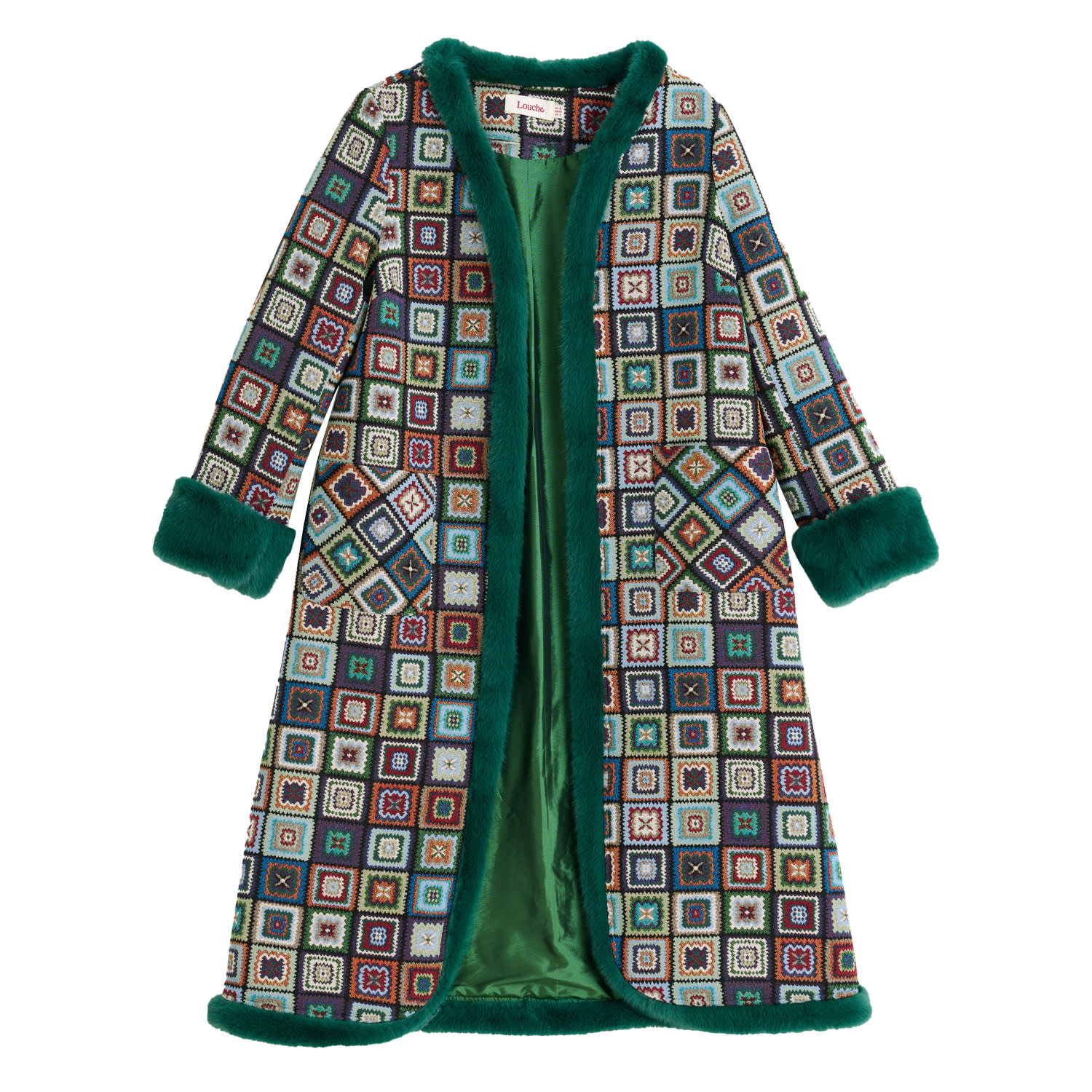Delphia Seventies Patch Jacquard Fur Trim Coat – Multicolored