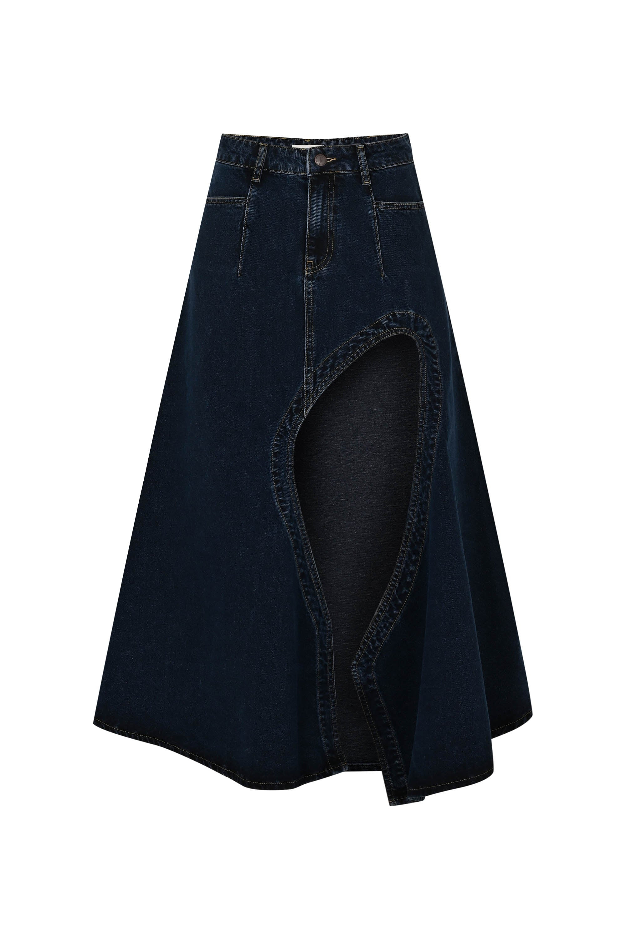 Denim Maxi Skirt With High Slit - Dark Indigo | GOC DENIM | Wolf