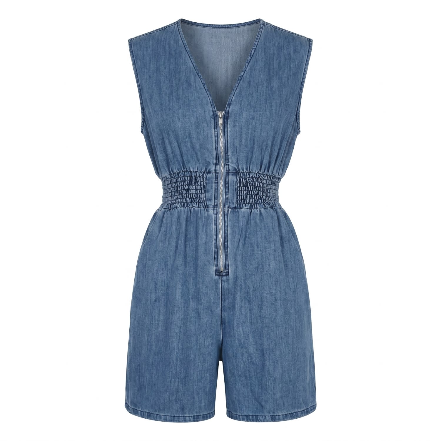 Denim Romper Sculpted Zip Front | Modenaire | Wolf & Badger