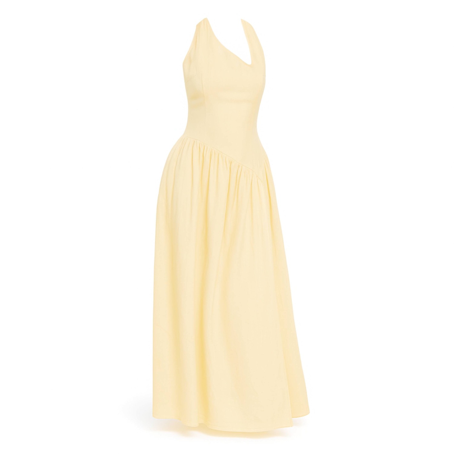halter butter yellow dress Women's Butter Yellow Satin Halter Flared Maxi Dress