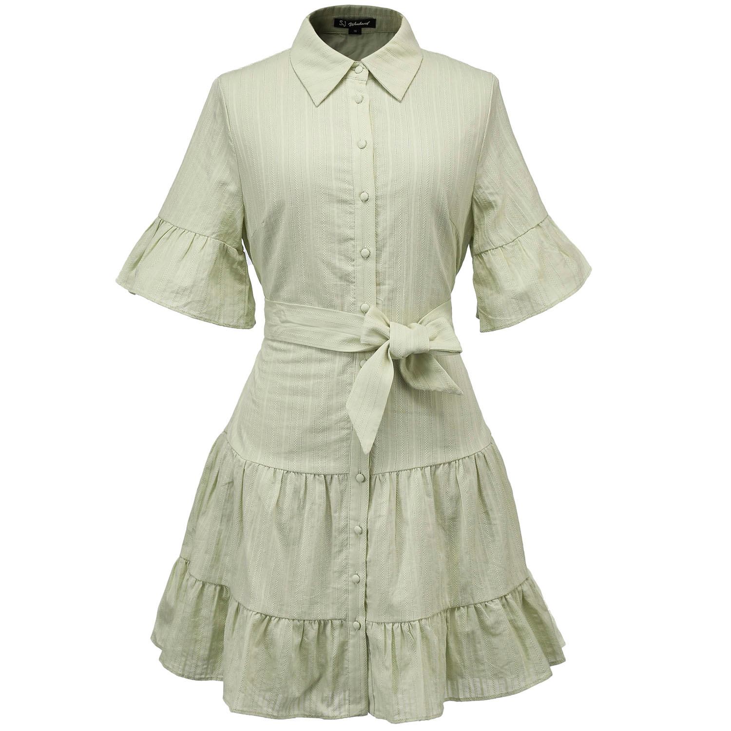 shirt dress with ruffles Long-Sleeve Ruffled Denim Mini Shirt Dress