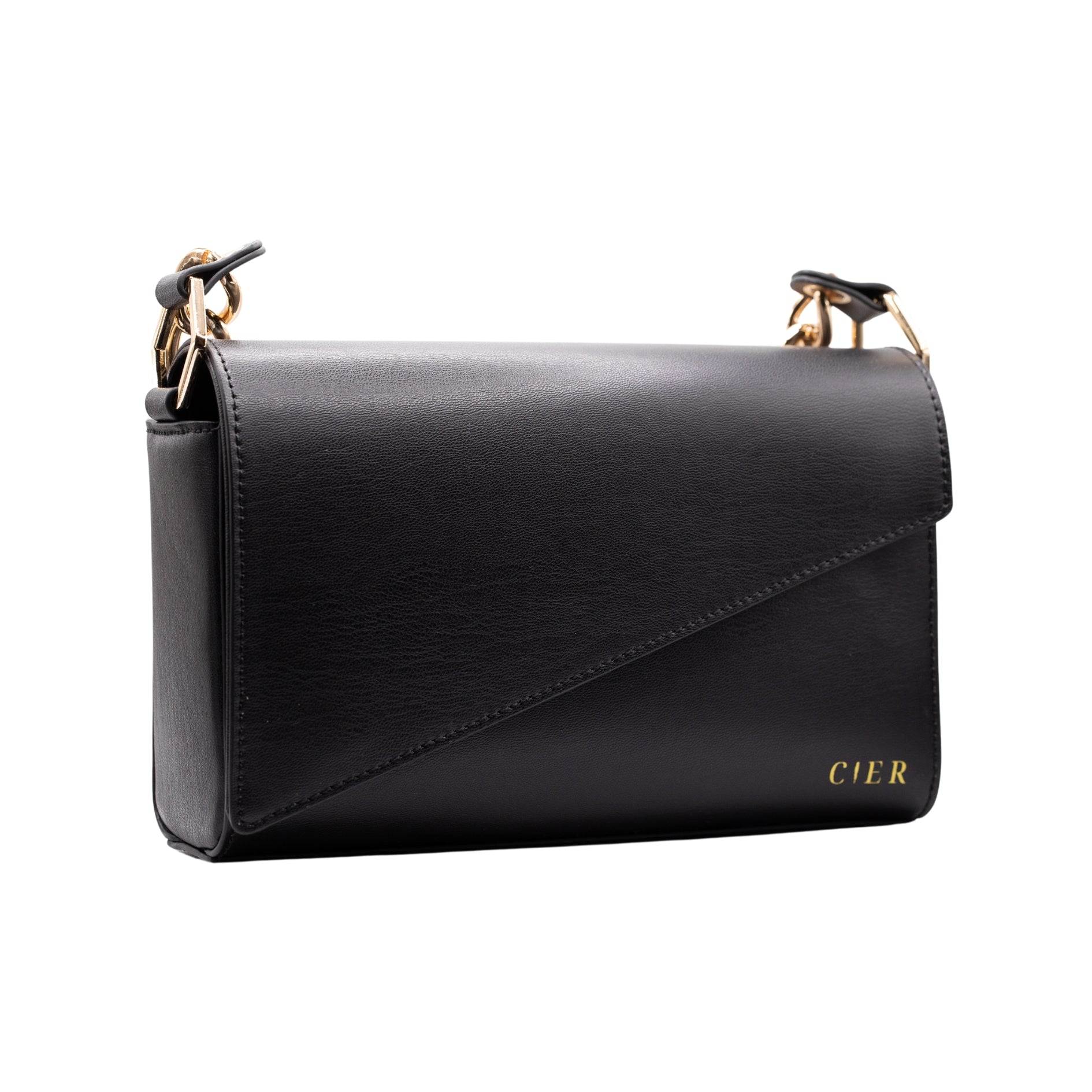 Cier Flex vegan apple leather purse in black with gold chain