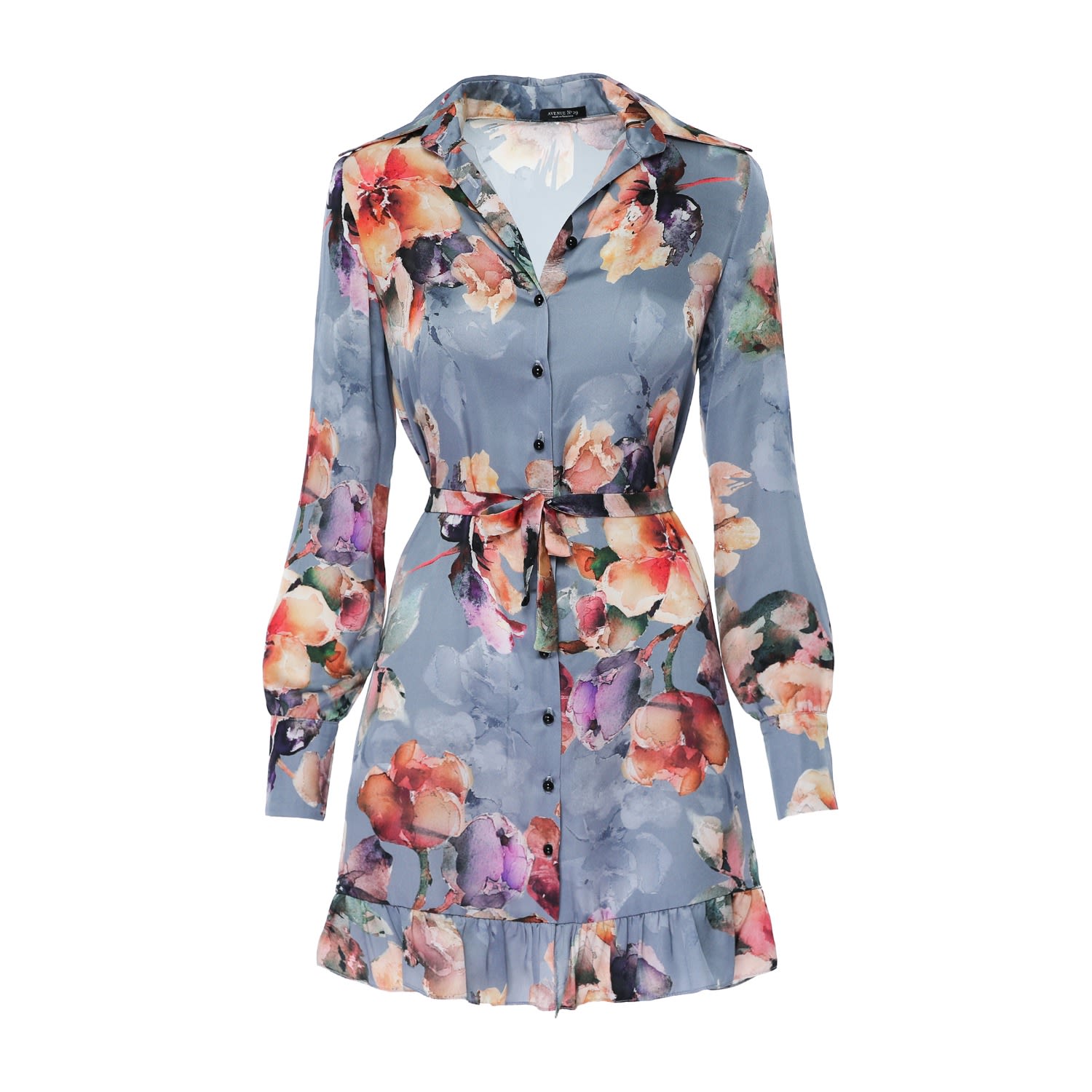 Floral Print Satin Shirt Dress - Light Blue | AVENUE No.29