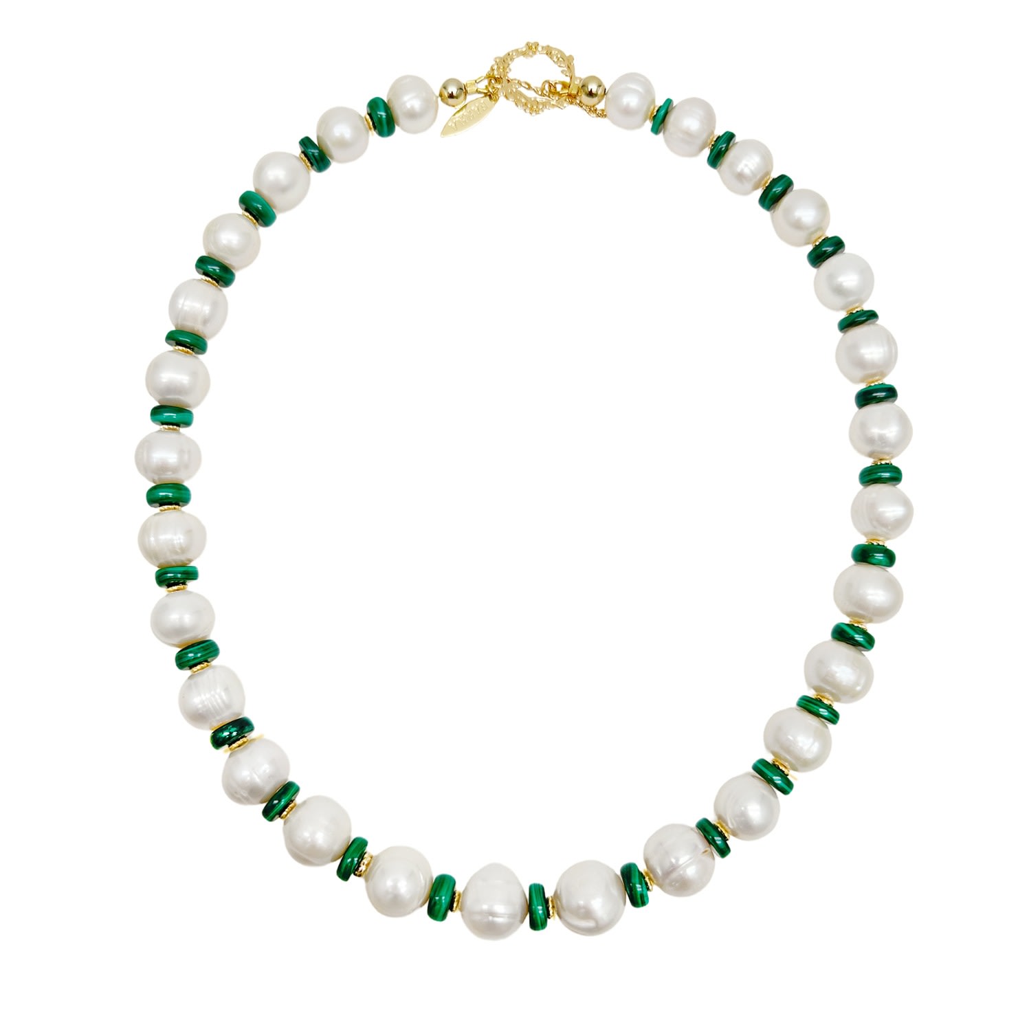 Freshwater Pearls With Green Malachite Beads Spacer Necklace