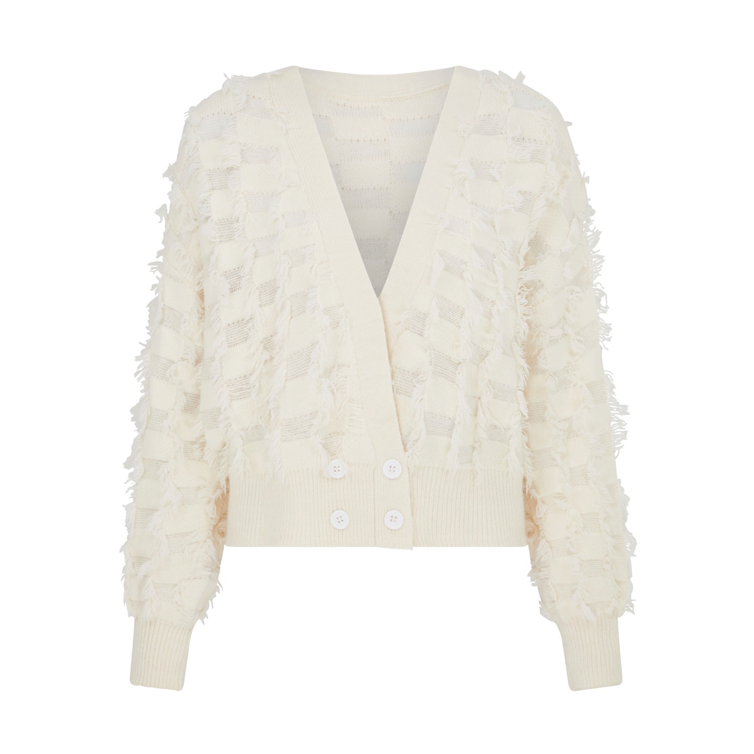 Fringed Checkerboard Cardigan In White | SOUR FIGS | Wolf & Badger
