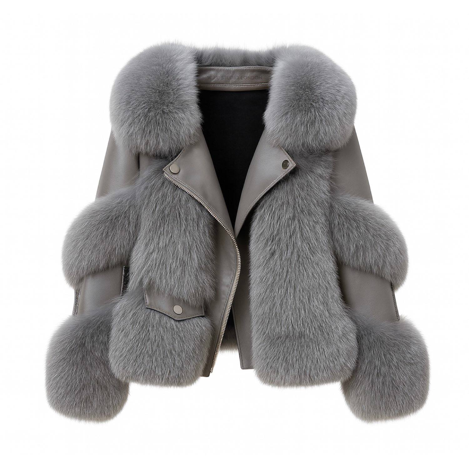 Galaxy Jacket Grey Coat Faux Fur Eco-Friendly Leather Zipper | WJY