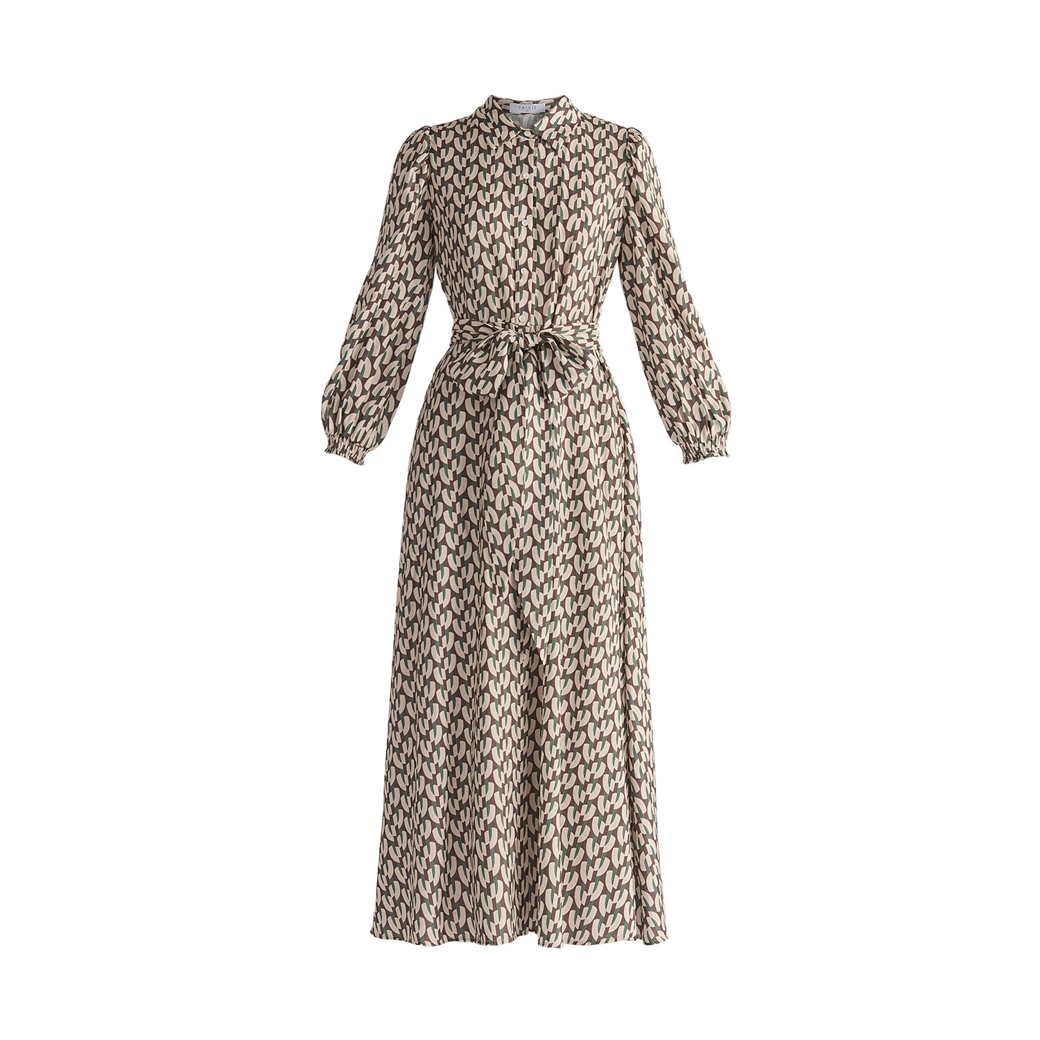 Geometric Print Maxi Shirt Dress In Brown, Beige & Green by PAISIE
