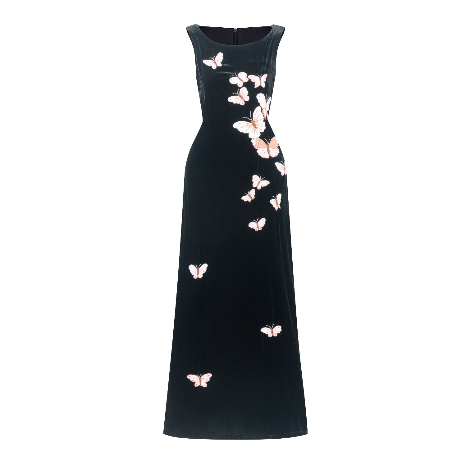 Hand-Embroidered Black Silk Velvet Maxi Evening Dress — Butterfly — Velvet Atelier by Silk and Bears
