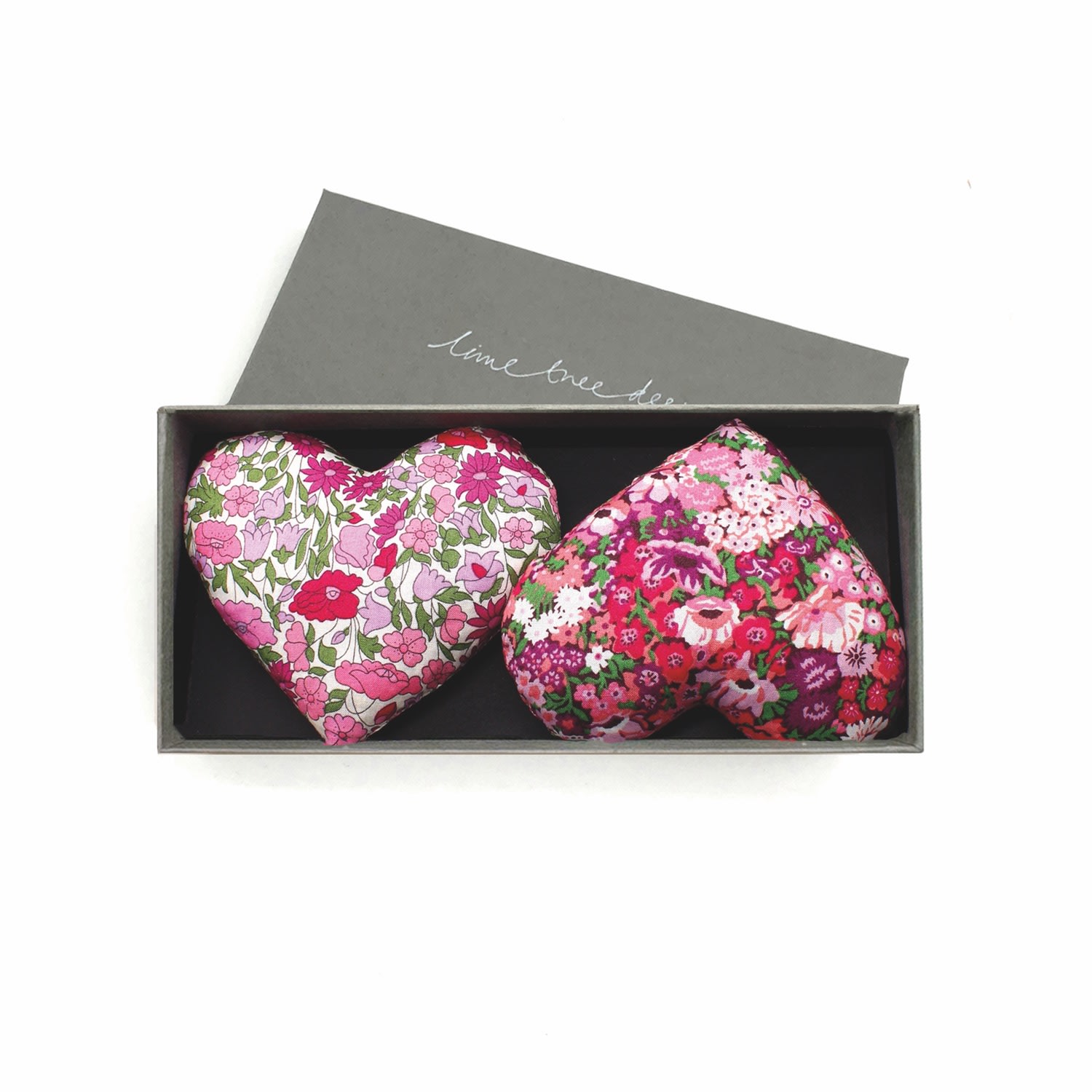 Heart and Soul box of two lavender hearts made with Liberty fabric by Lime Tree Design