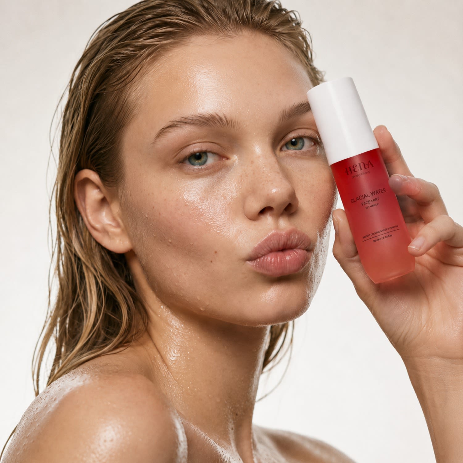 Woman with wet hair holding the FIOLAS Hena Smoky Cherry glacial water face mist near her cheek