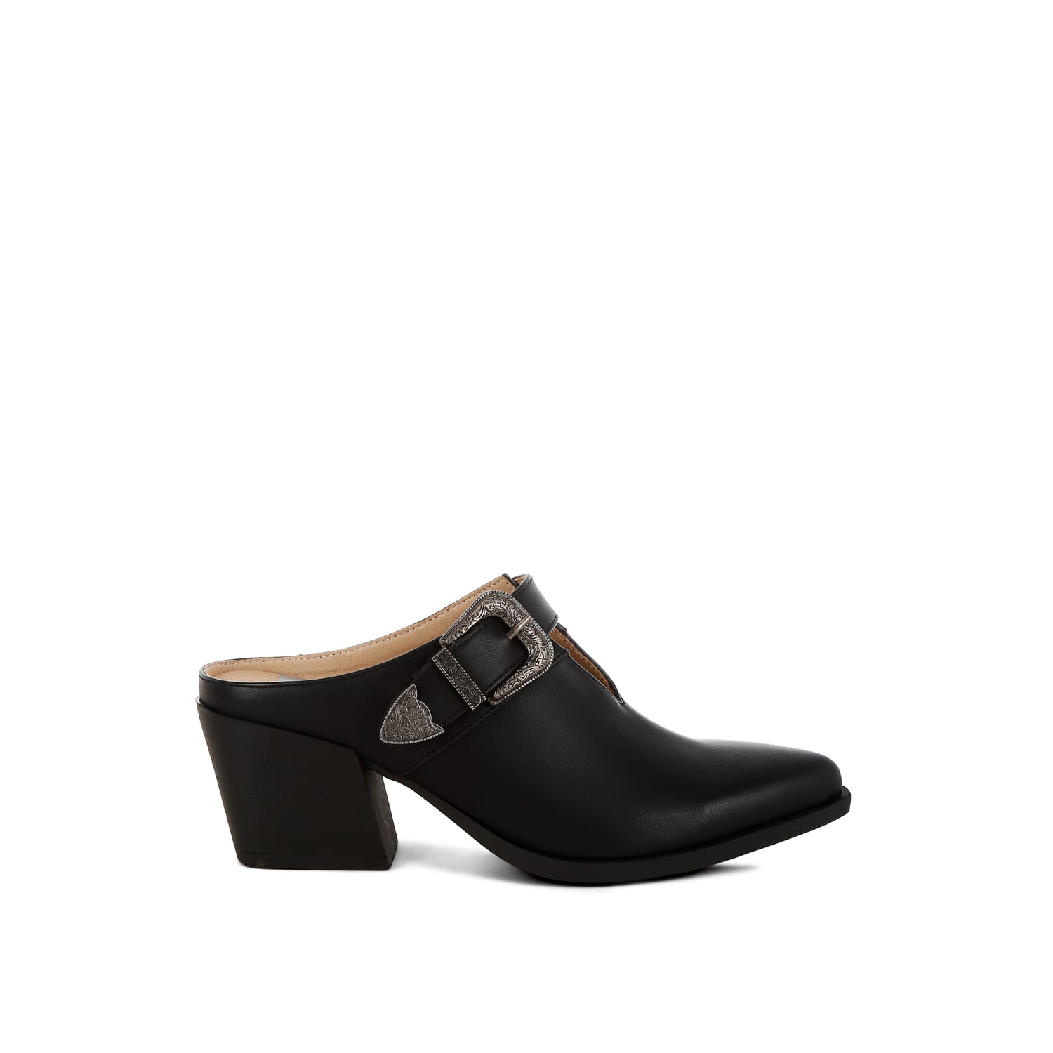 Holler Carved Buckle Statement Mules In Black By Rag & Co | Rag