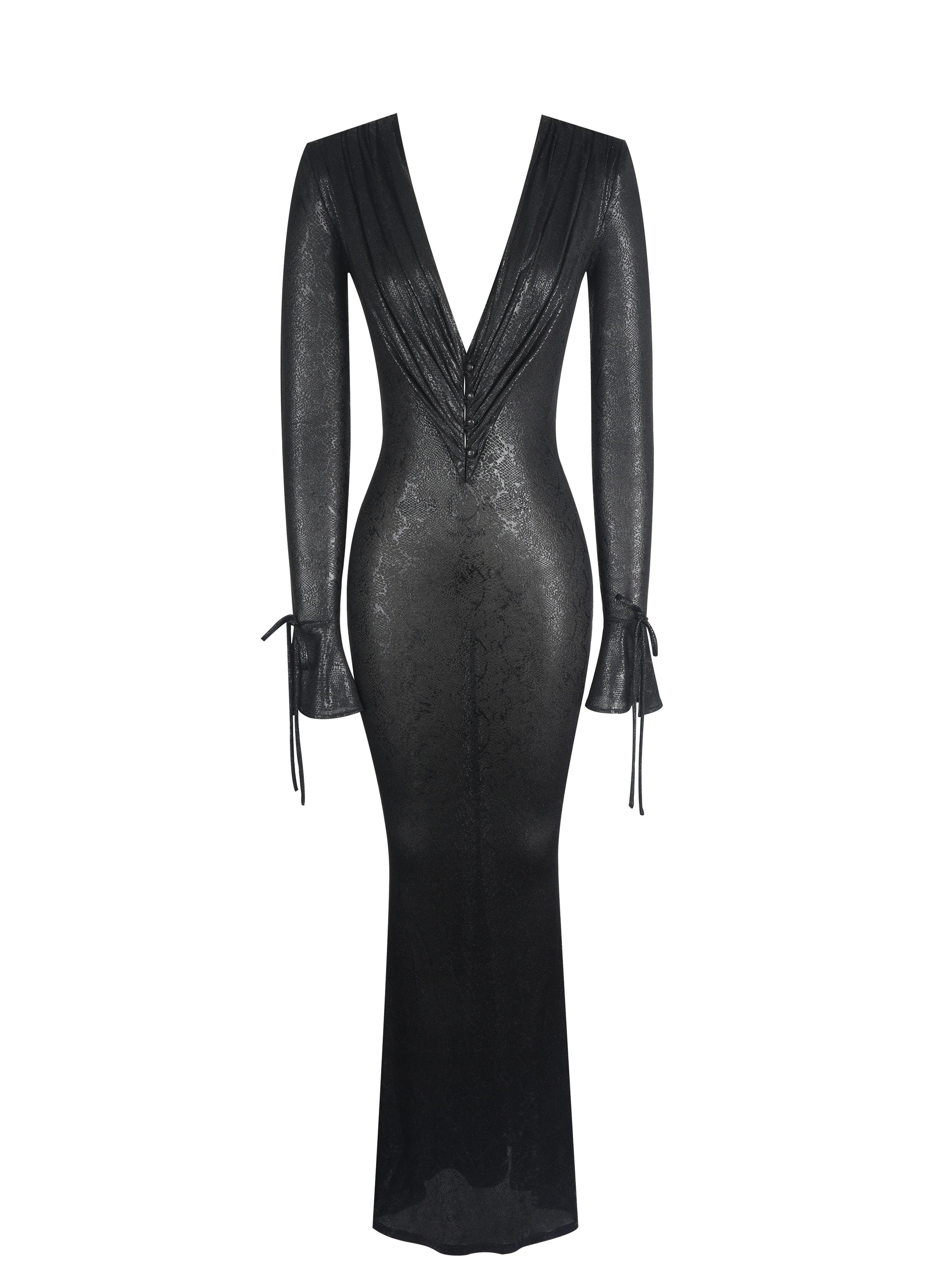 Ilysia Black V-Neck Plunge Snakeskin Mermaid Hem Maxi Dress | Miss Circle New York