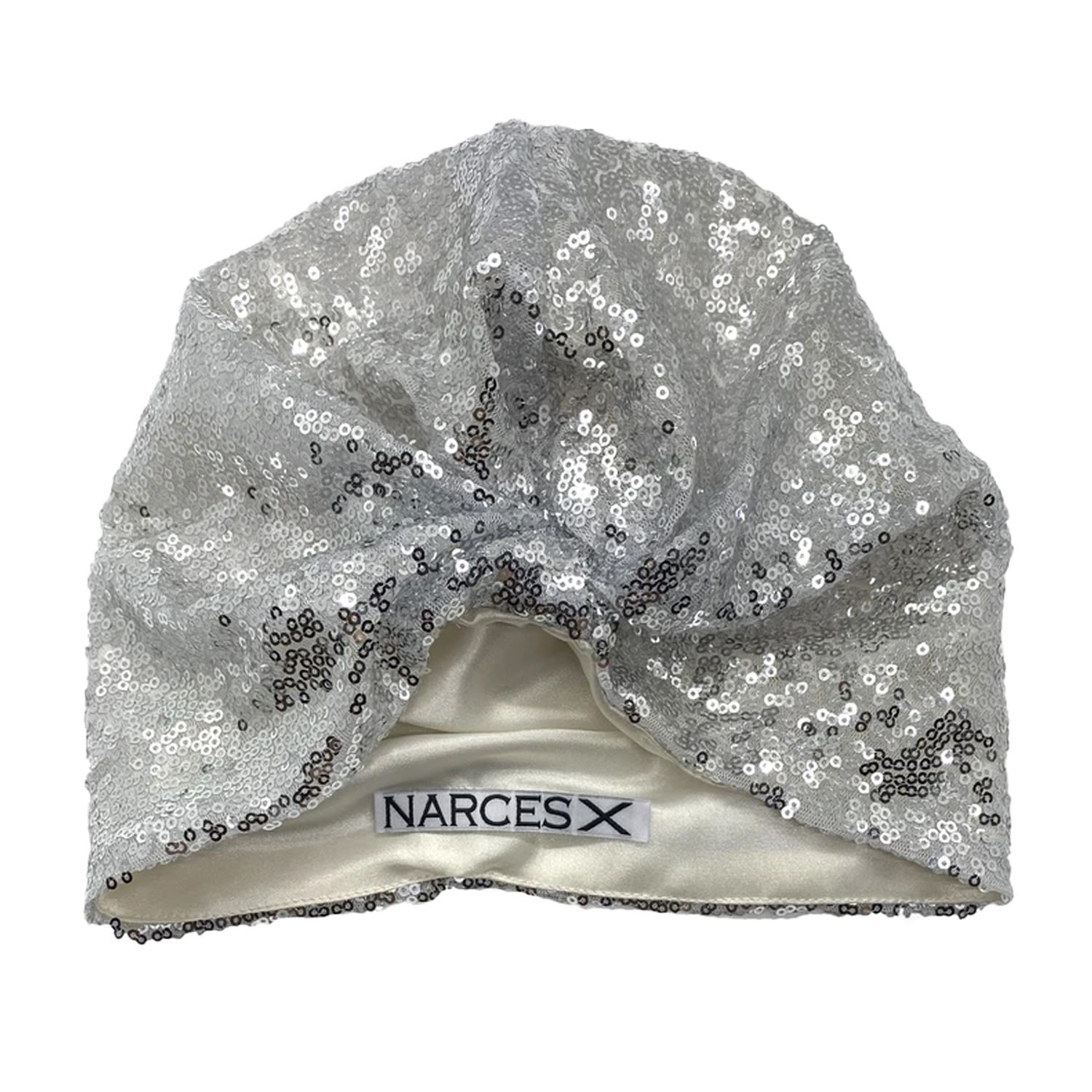 Silver Sequin Silk Knot Turban Hat | NARCES | Wolf & Badger