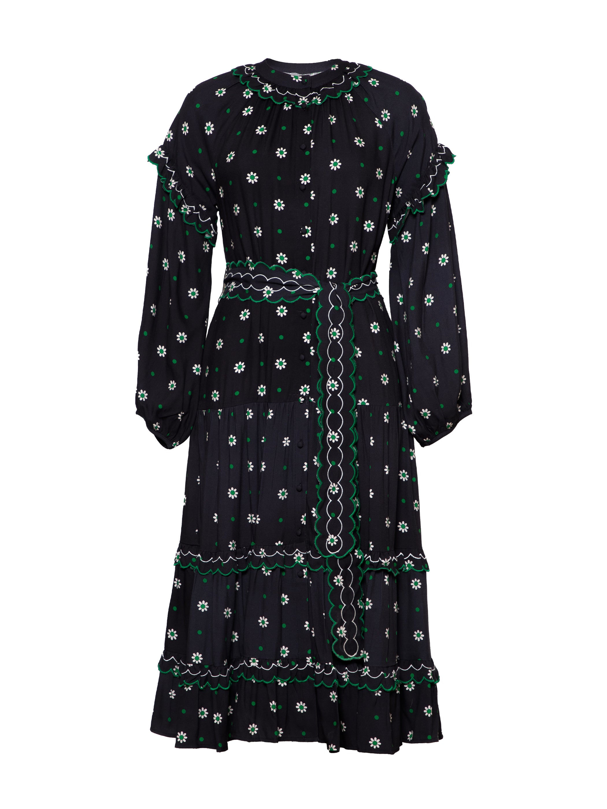 Joyce Black Daisy Polka Dot Midi Shirt Dress L