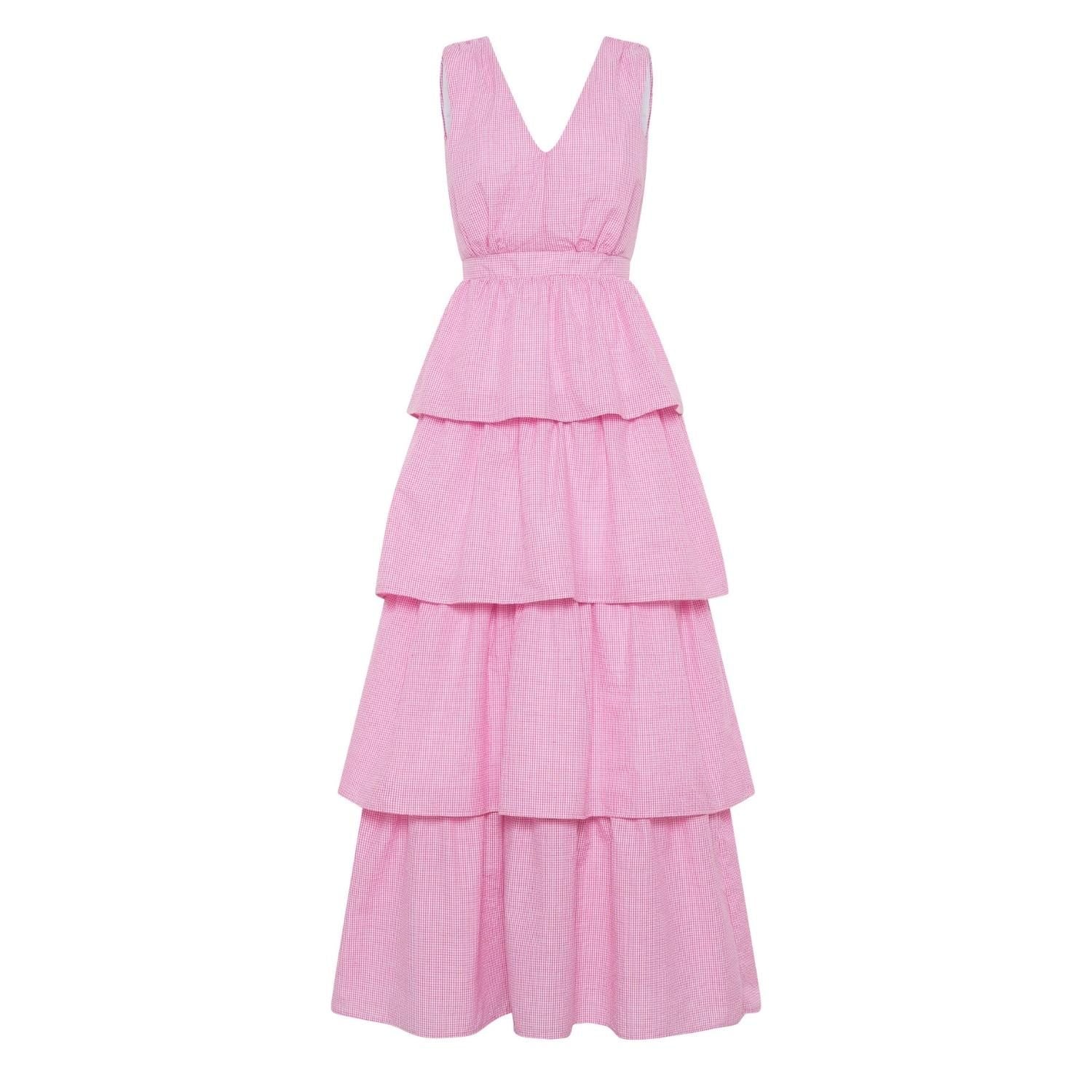 Kate Kissing Multi Four Tier Maxi Dress In Pink Gingham Kate Kissing Multi Four Tier Maxi Dress In Pink Gingham