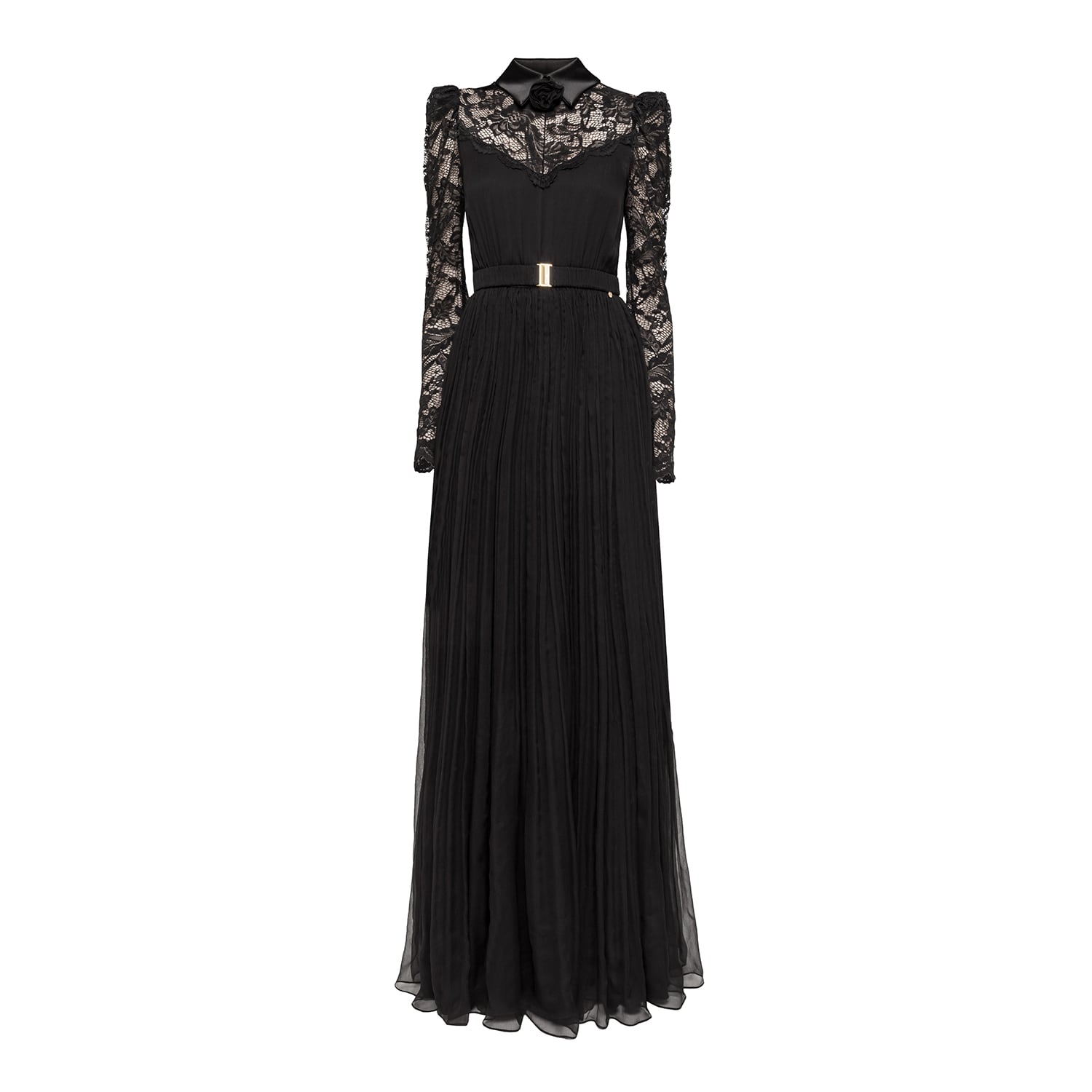 high waist belted lace panel maxi dress Aria Gold Belted Maxi Dress with Floral Lace Panels, XL / Gold