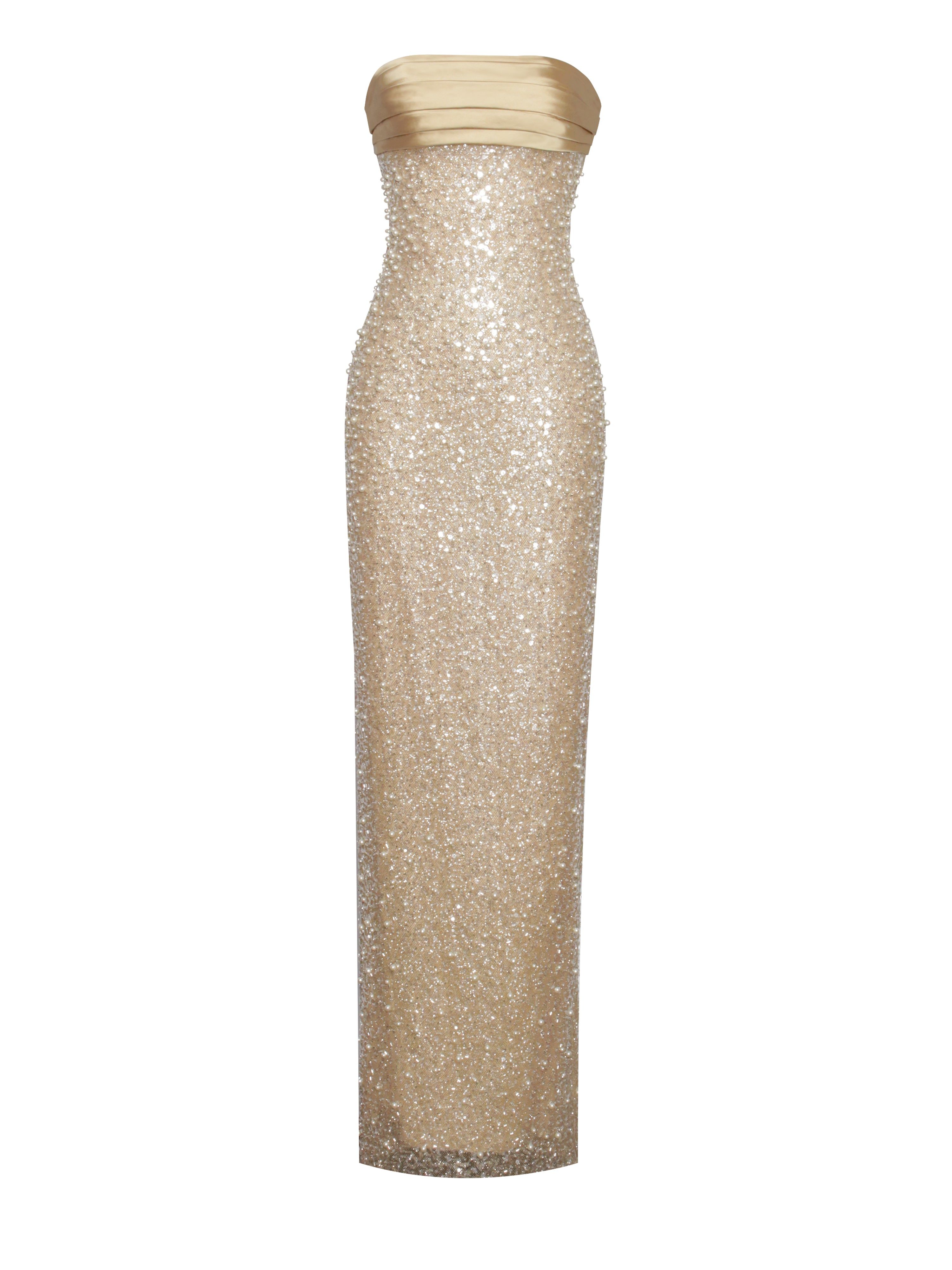 gold satin sequin pearl dress Miss Circle Lainey Gold Satin Sequin by Miss Circle