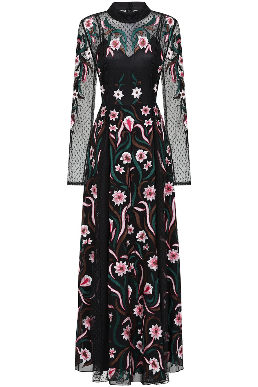 floral embroidered long sleeve maxi dress FARM Rio White MALU Winter Cut-Out Long Sleeve Maxi Dress, MALU Winter White / XS